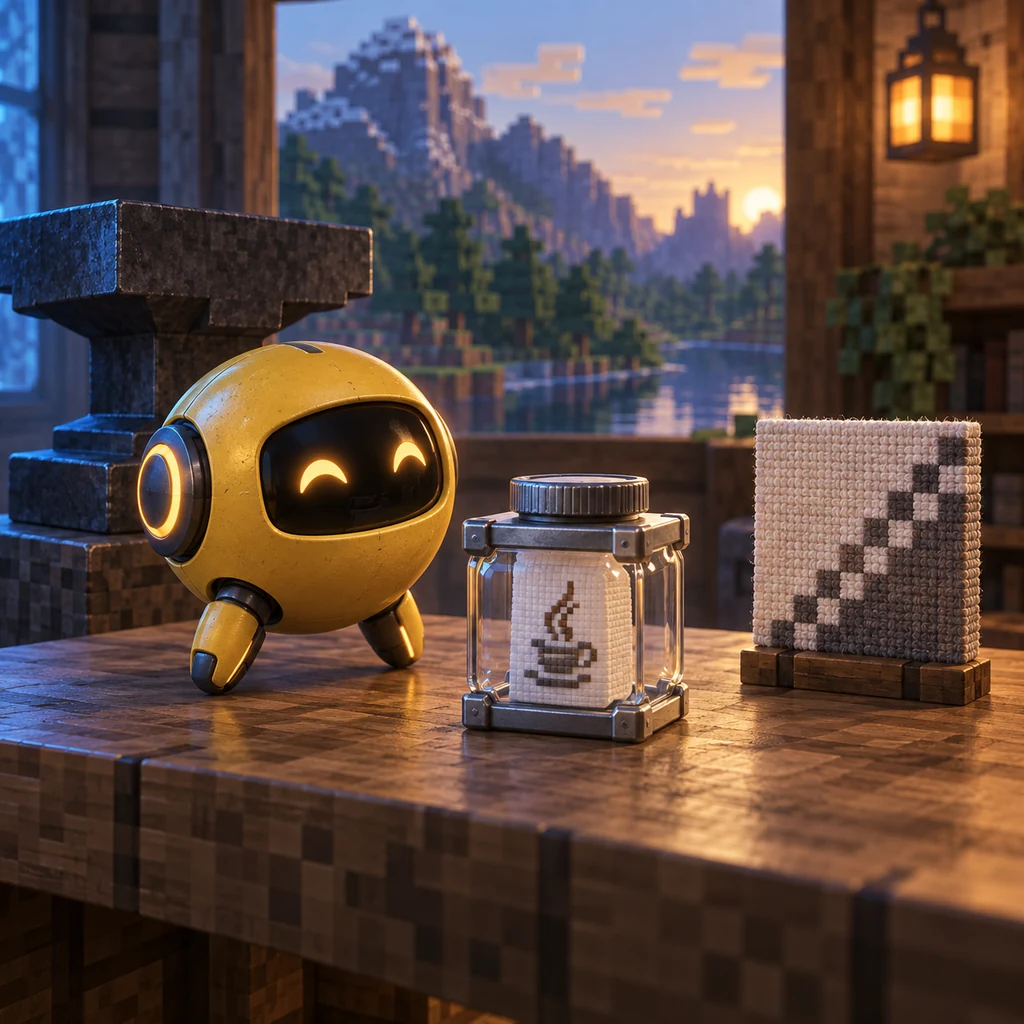 Compagno giallo ispirato a Verity accanto ai simboli di compatibilità Forge e Fabric in un laboratorio ispirato a Minecraft