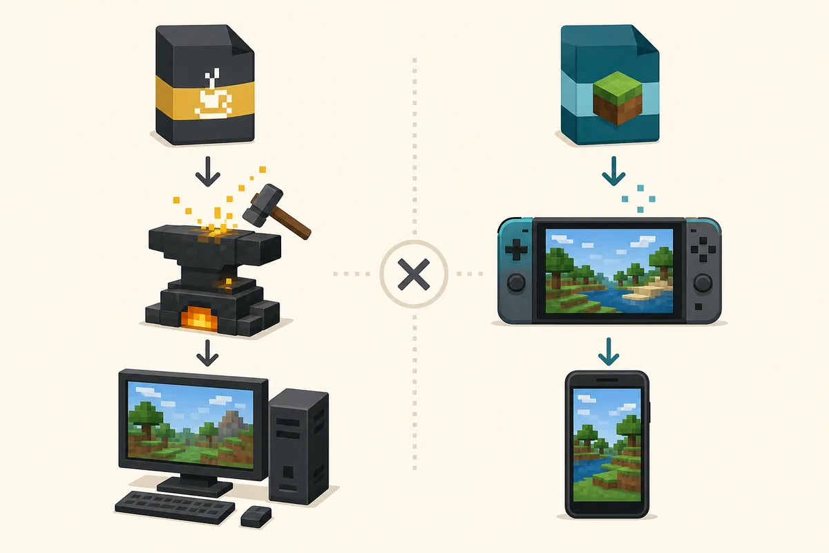 Diagramma editoriale con pacchetti Java Forge e addon Bedrock separati